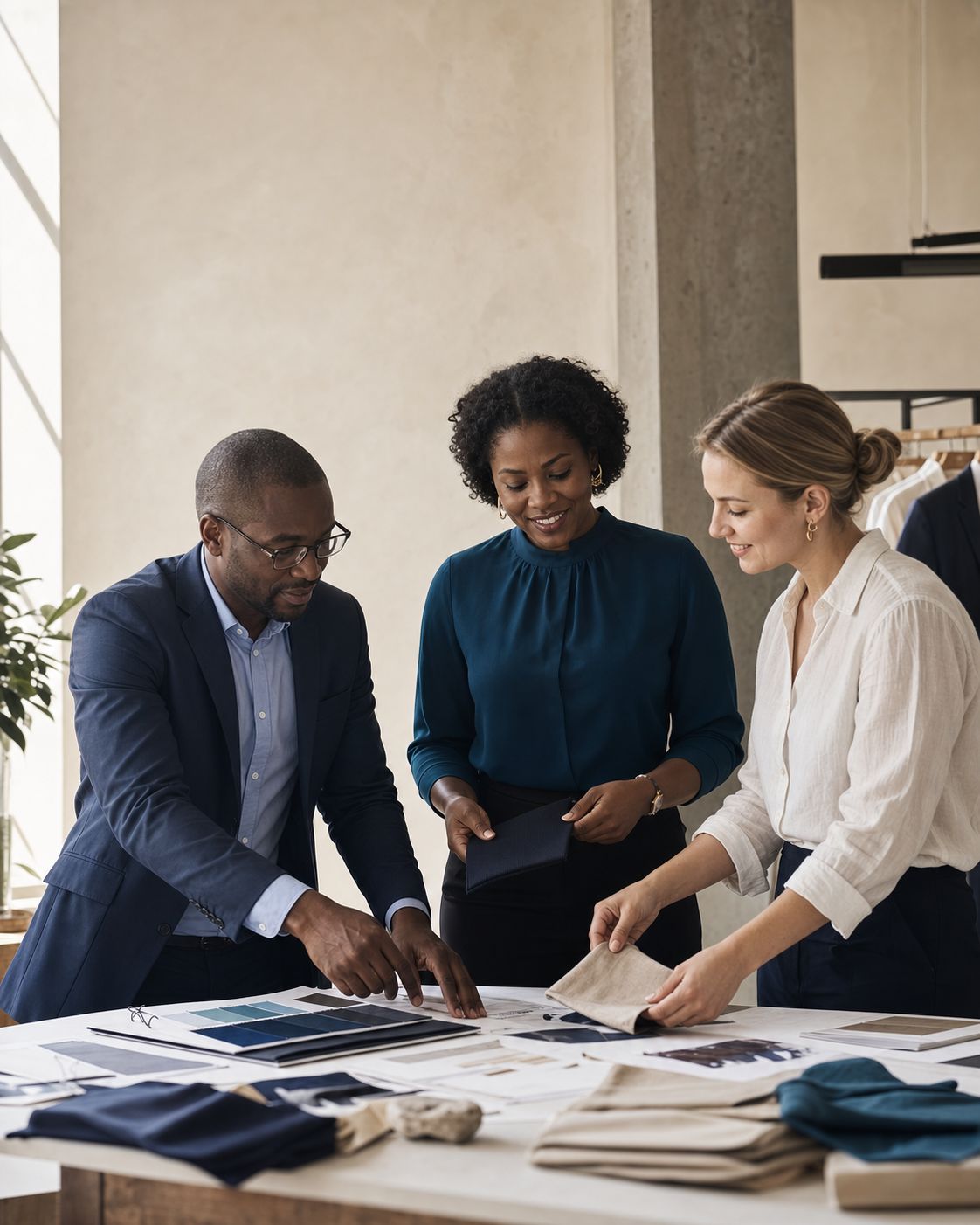 Client, team, and partner working together on a corporate apparel brief